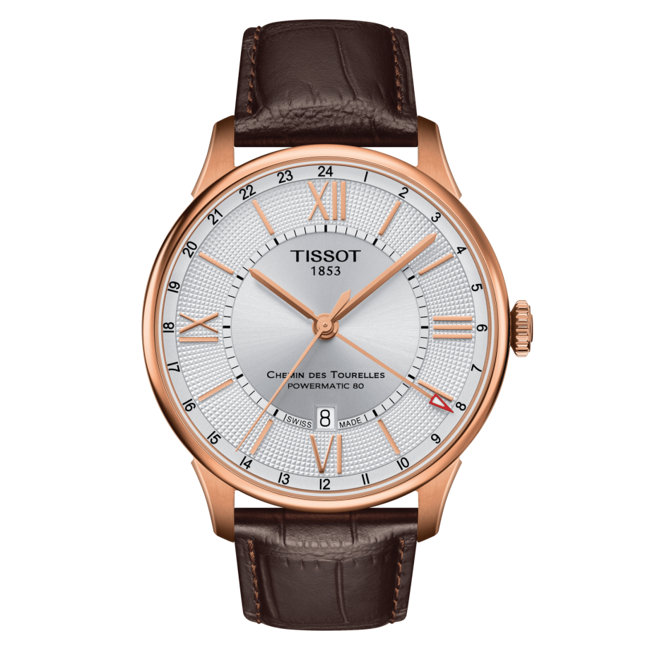 Tissot T099.429.36.038.00 : Chemin Des Tourelles Powermatic 80 GMT 42 Rose Gold PVD / Silver / Strap
