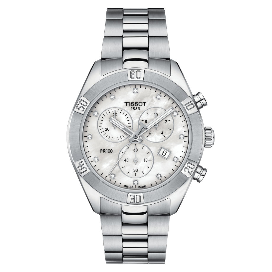 Tissot T101.917.11.116.00 : PR 100 Sport Chic Chronograph 38 Stainless Steel / MOP / Bracelet