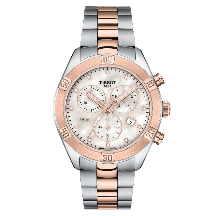 Tissot T101.917.22.116.00 : PR 100 Sport Chic Chronograph 38 Stainless Steel - Rose Gold / MOP / Bracelet