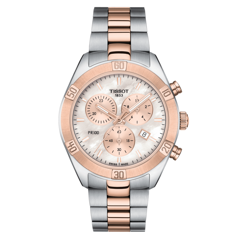 Tissot T101.917.22.151.00 : PR 100 Sport Chic Chronograph 38 Stainless Steel / Rose Gold PVD / MOP / Bracelet