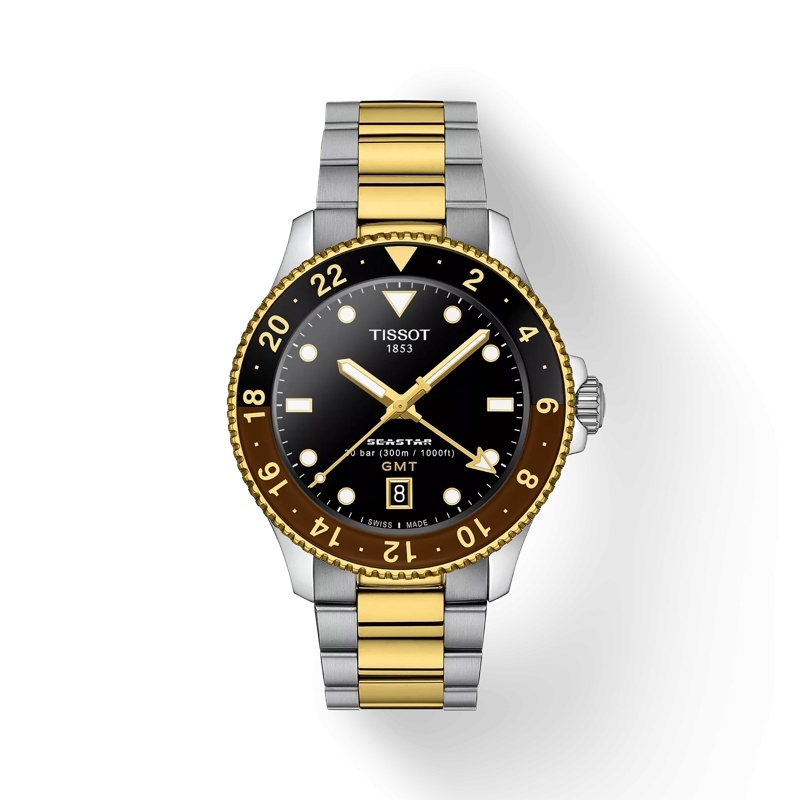 Tissot T120.852.22.051.00 : Seastar 1000 Quartz GMT 40 Stainless Steel - Yellow Gold / Black / Bracelet