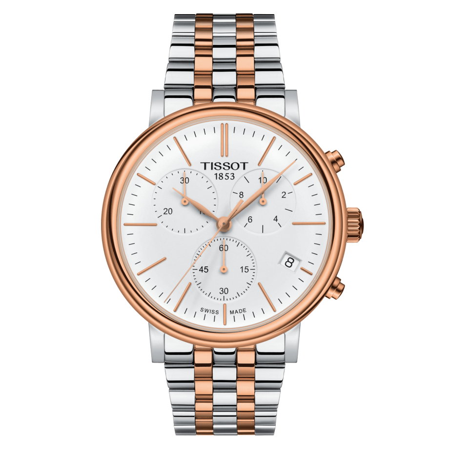 Tissot T122.417.22.011.00 : Carson Premium Chronograph Quartz 41 Stainless Steel / Rose Gold PVD / Silver / Bracelet