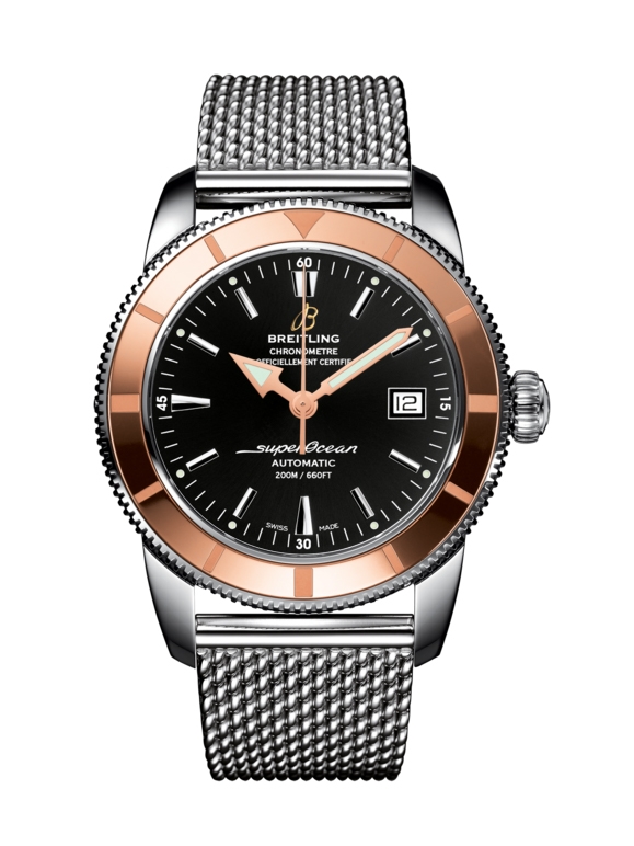 Breitling U1732112.BA61.154A : Superocean Heritage 42 Stainless Steel / Red Gold / Volcano Black / Milanese