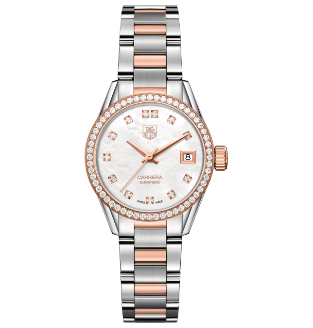 TAG Heuer WAR2453.BD0777 : Carrera Calibre 9 28 Stainless Steel / Rose Gold / Diamond / MOP - Diamond / Bracelet